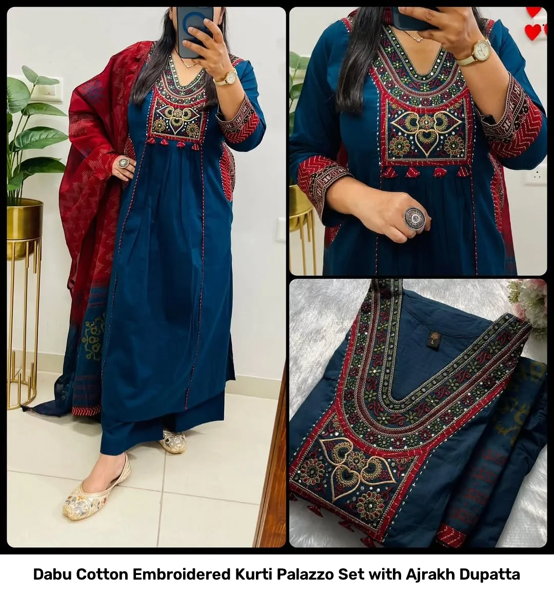 Dabu Cotton Embroidered Kurti Palazzo Set with Ajrakh Dupatta 3
