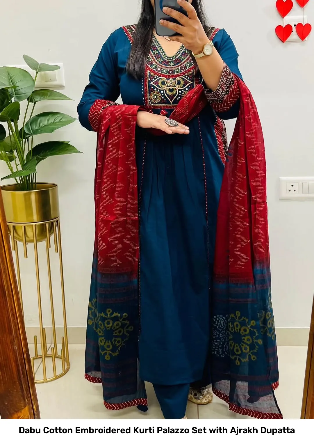 Dabu Cotton Embroidered Kurti Palazzo Set with Ajrakh Dupatta 4