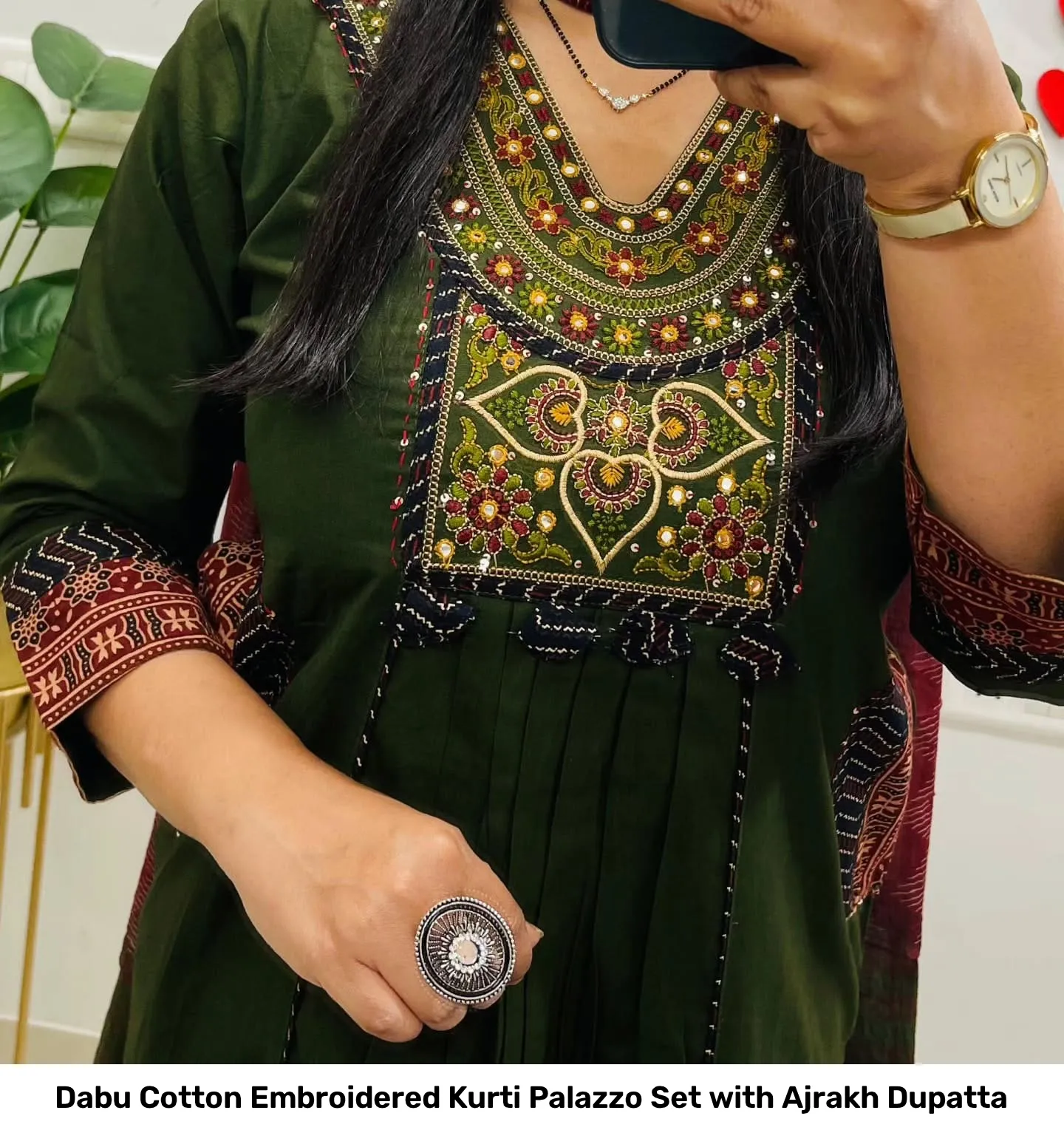Dabu Cotton Embroidered Kurti Palazzo Set with Ajrakh Dupatta 5