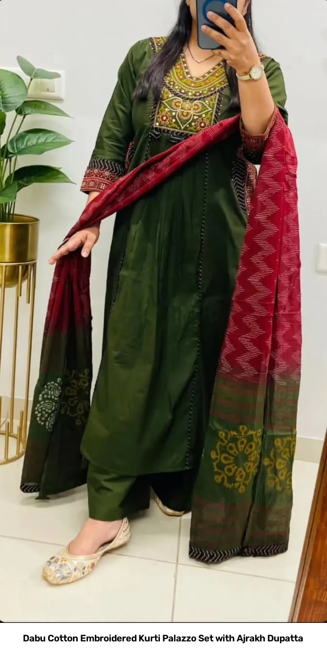 Dabu Cotton Embroidered Kurti Palazzo Set with Ajrakh Dupatta 6