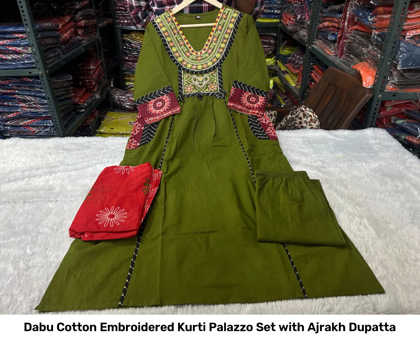Dabu Cotton Embroidered Kurti Palazzo Set with Ajrakh Dupatta 7
