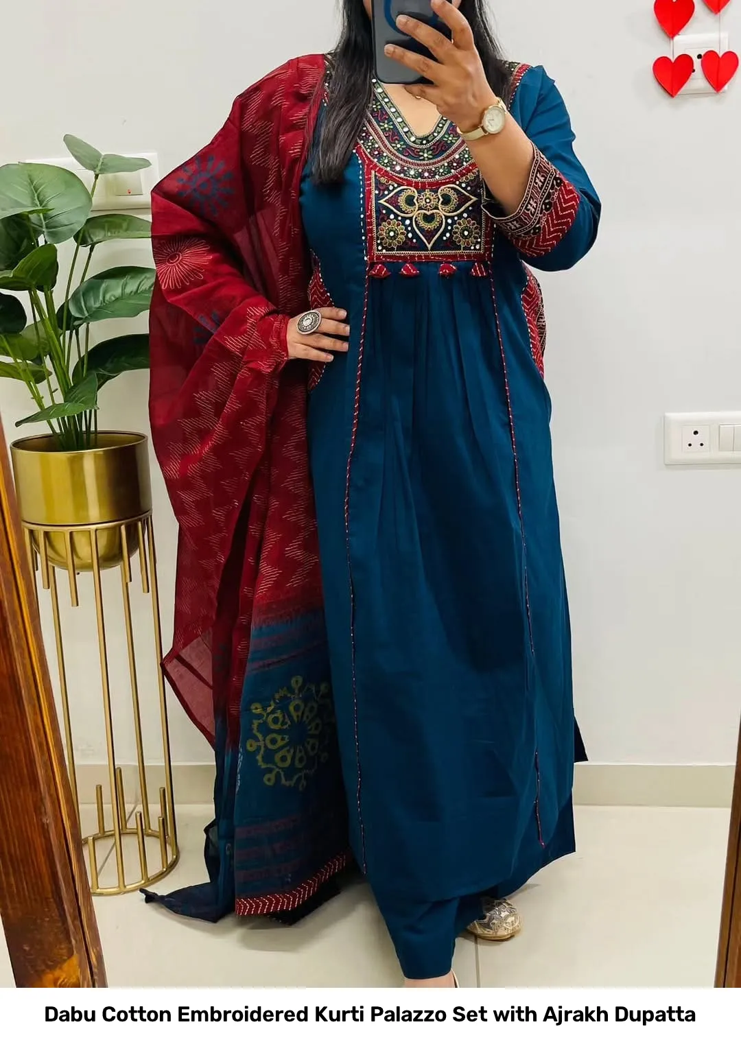 Dabu Cotton Embroidered Kurti Palazzo Set with Ajrakh Dupatta 8