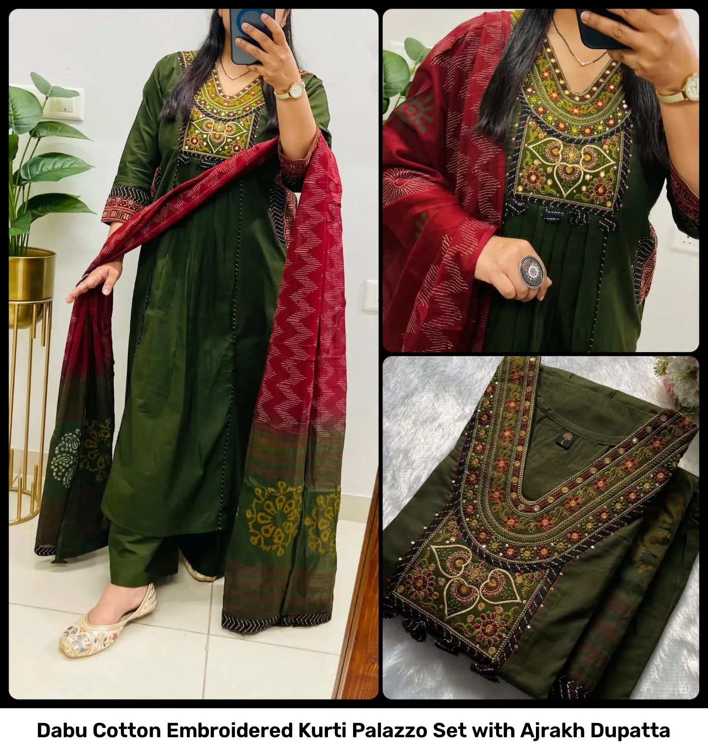 Dabu Cotton Embroidered Kurti Palazzo Set with Ajrakh Dupatta 9
