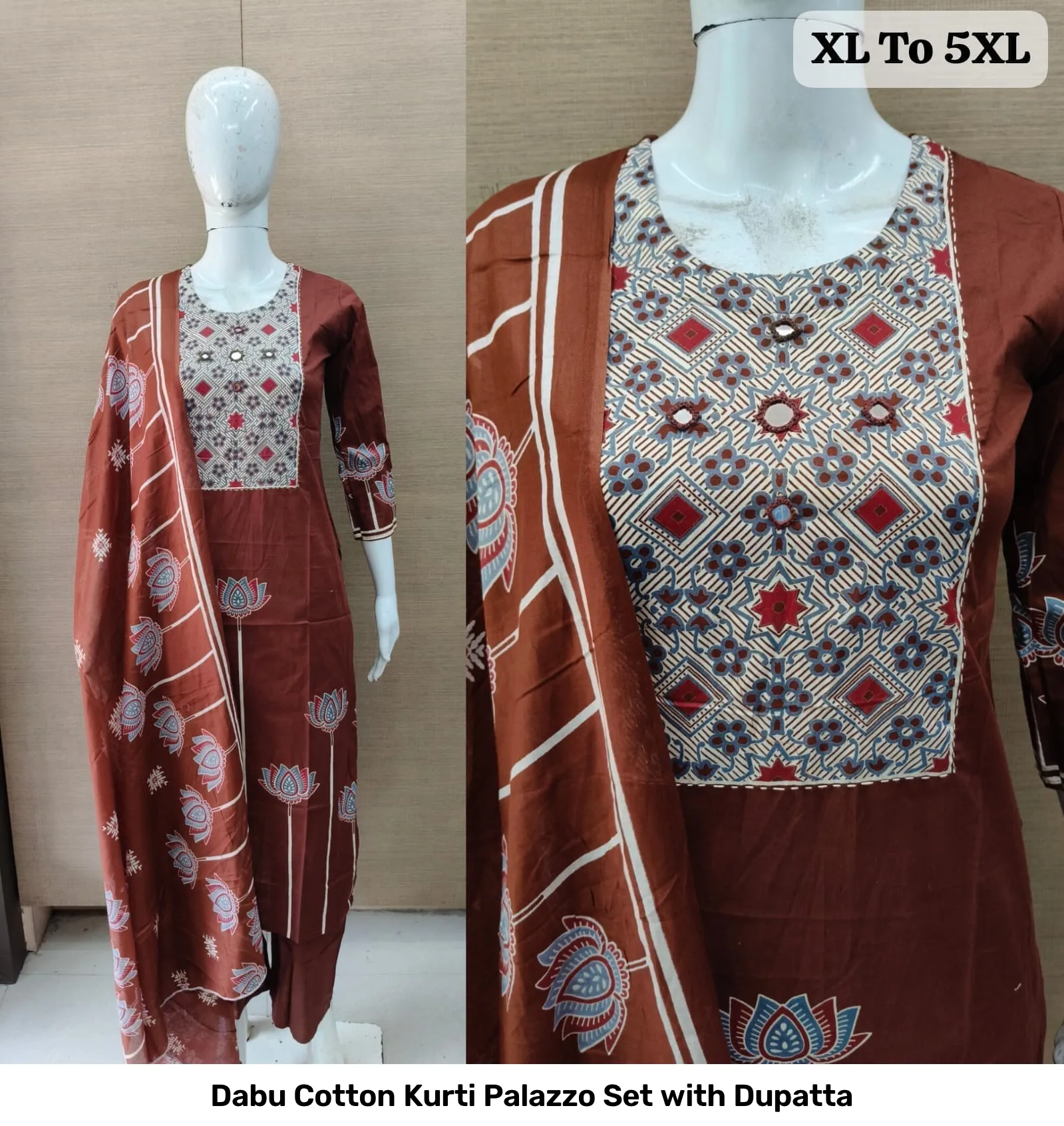 Dabu Cotton Kurti Palazzo Set with Dupatta 2