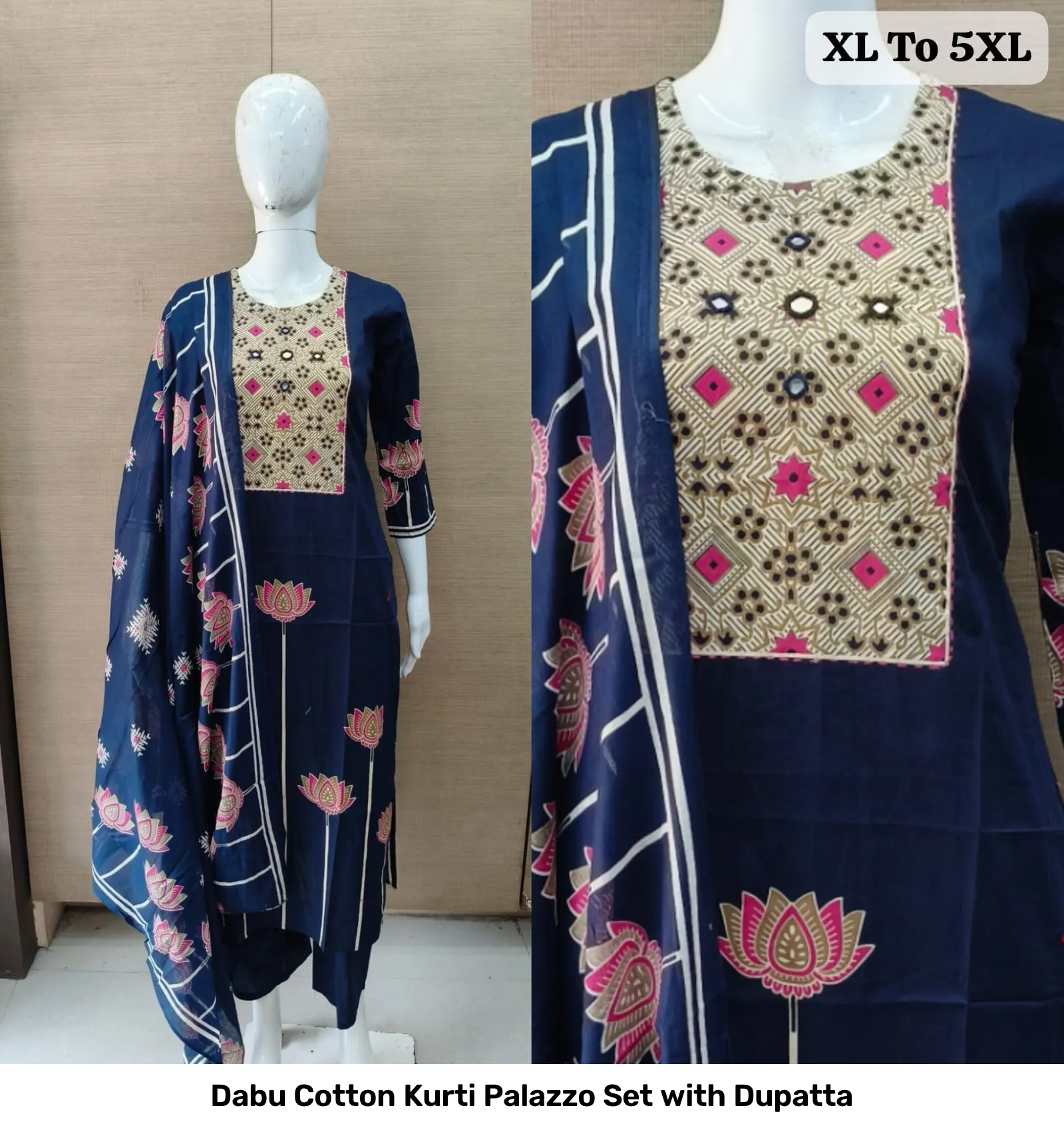 Dabu Cotton Kurti Palazzo Set with Dupatta 4