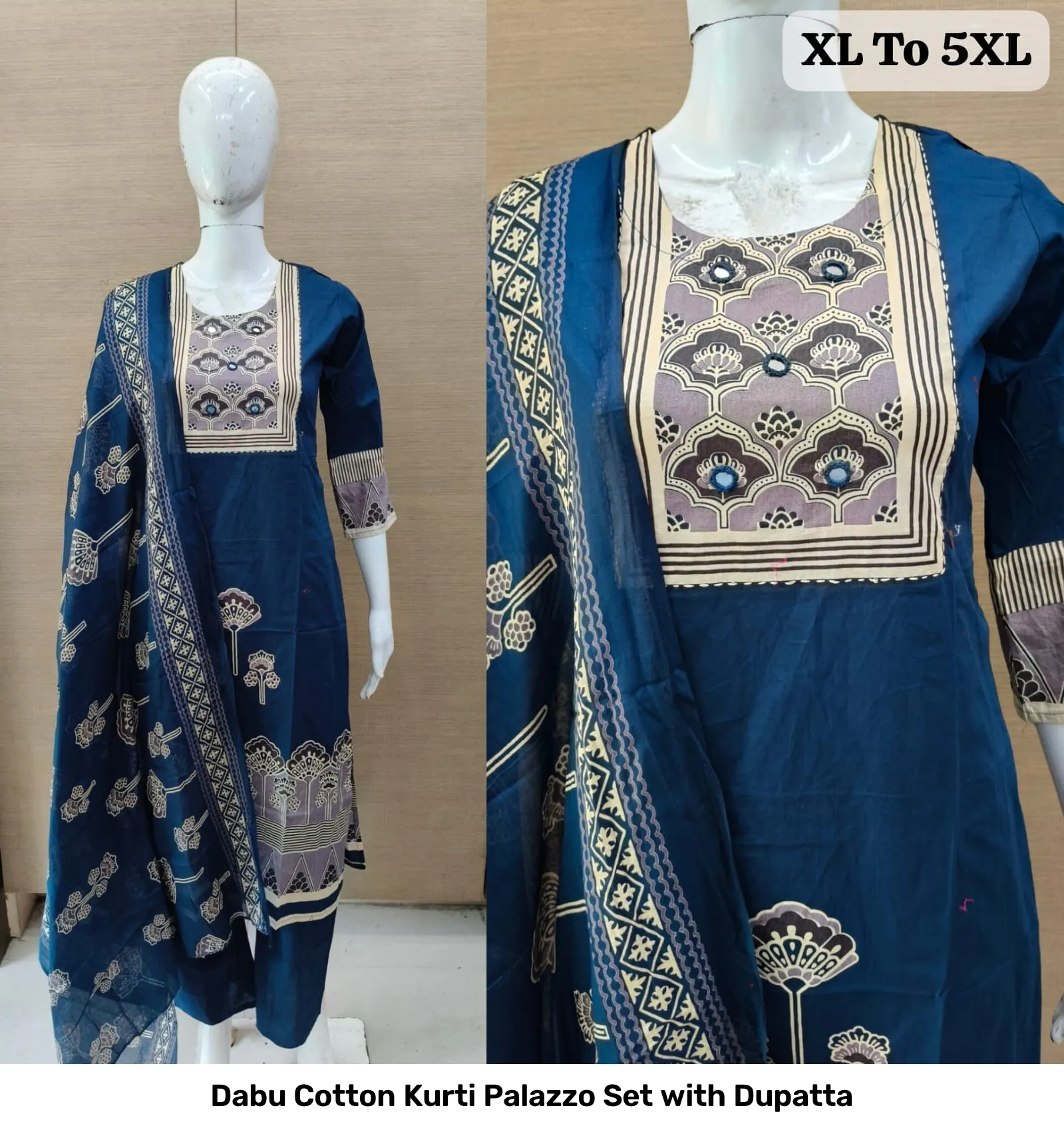 Dabu Cotton Kurti Palazzo Set with Dupatta 5