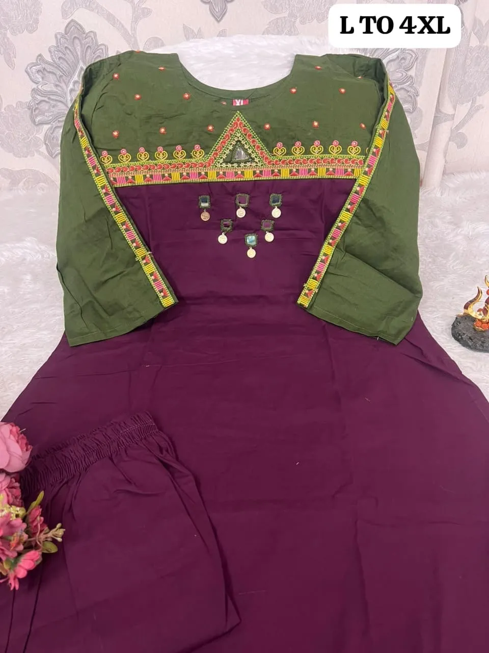 Dabu Cotton Mirror Work Kurti Pant Set with Tassels (L–4XL)