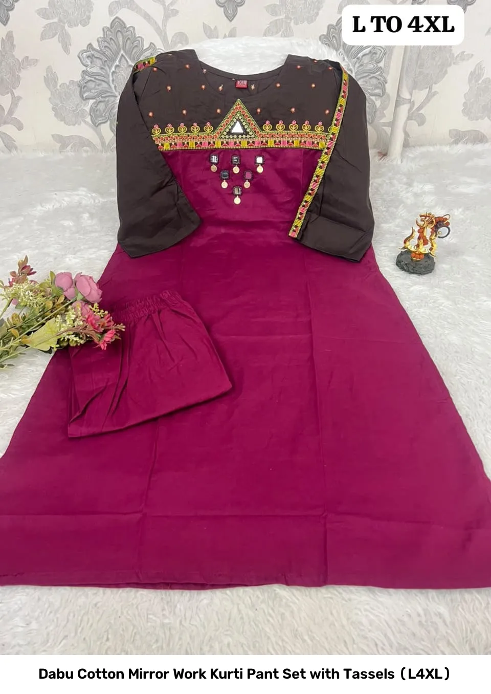 Dabu Cotton Mirror Work Kurti Pant Set with Tassels (L–4XL) 2
