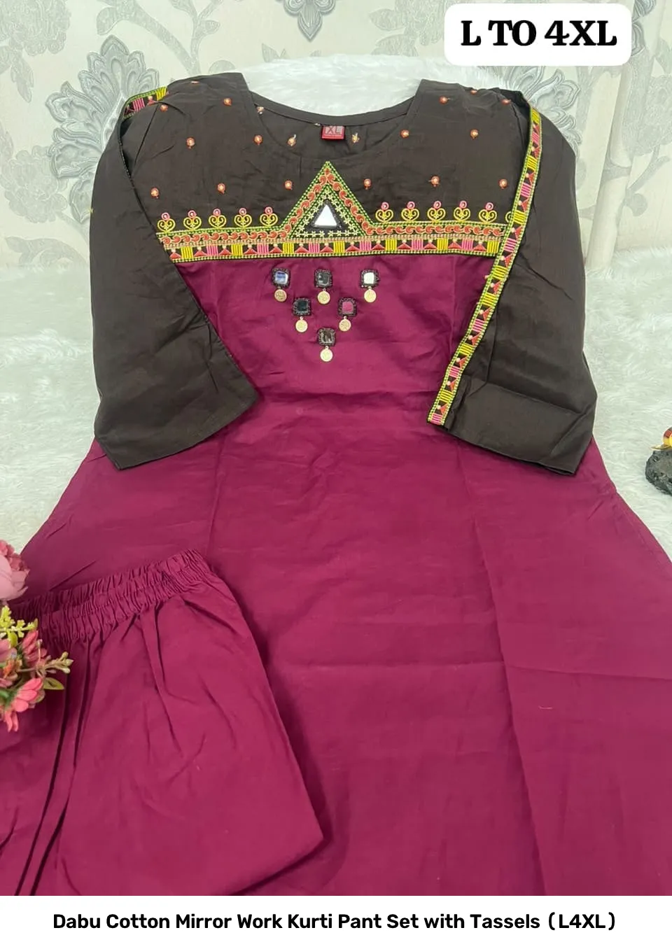 Dabu Cotton Mirror Work Kurti Pant Set with Tassels (L–4XL) 3