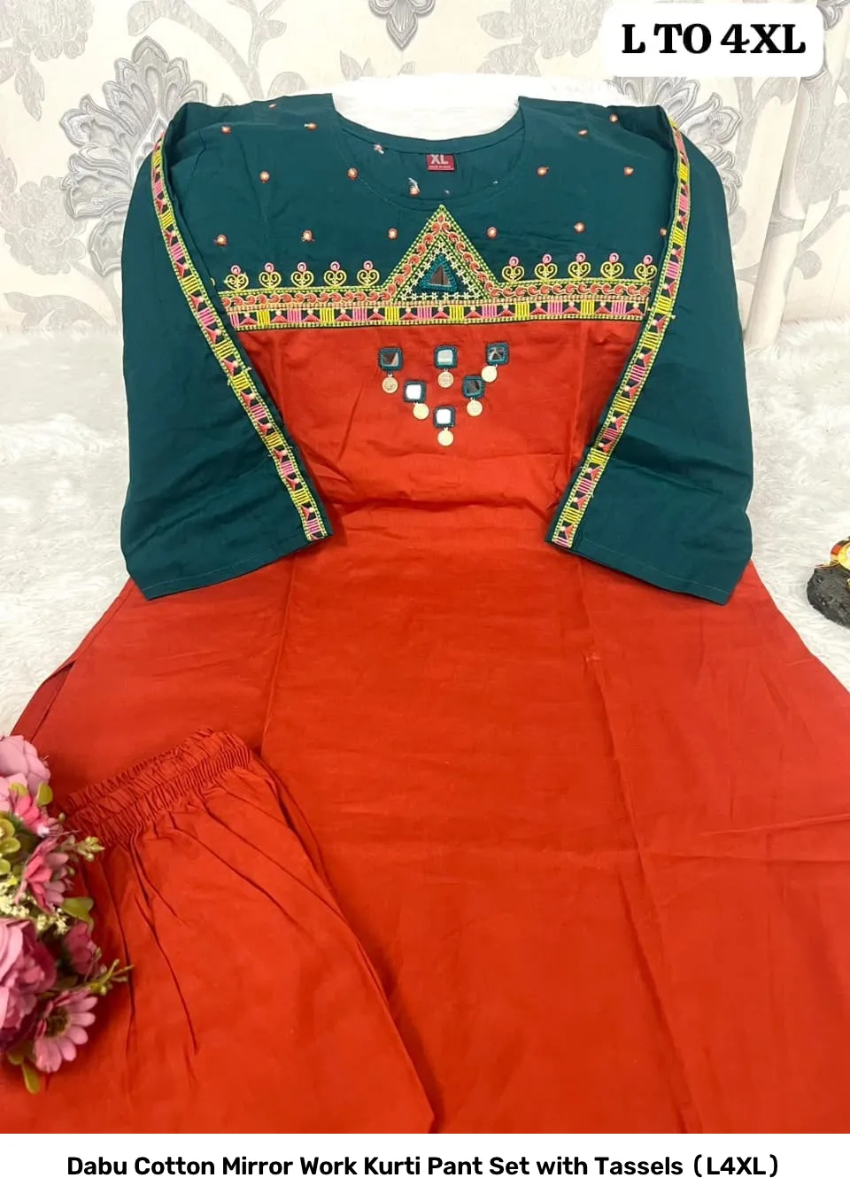 Dabu Cotton Mirror Work Kurti Pant Set with Tassels (L–4XL) 4