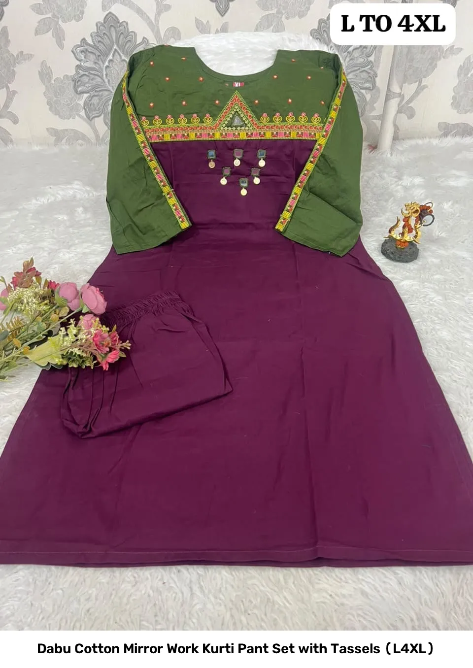 Dabu Cotton Mirror Work Kurti Pant Set with Tassels (L–4XL) 5