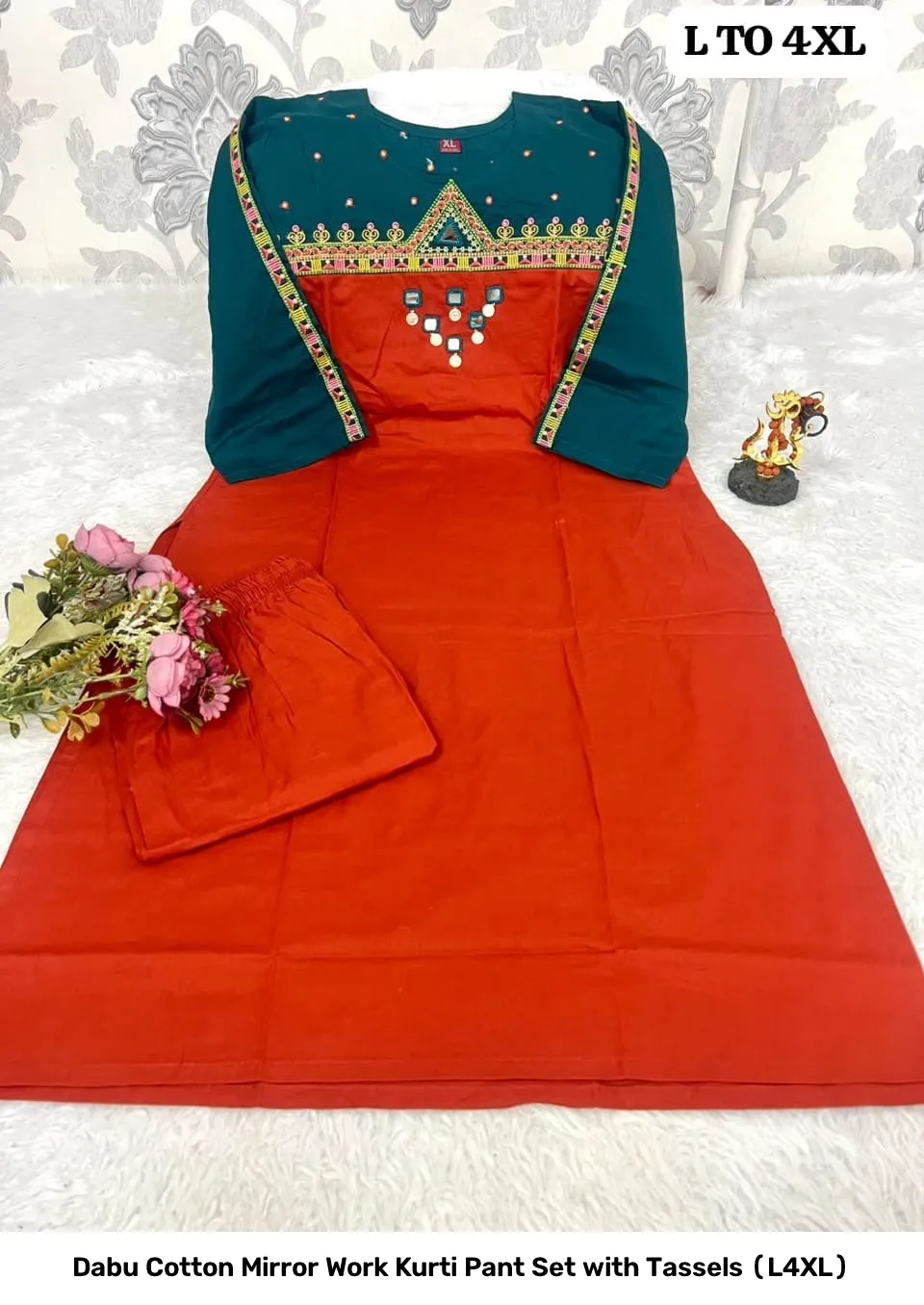 Dabu Cotton Mirror Work Kurti Pant Set with Tassels (L–4XL) 6