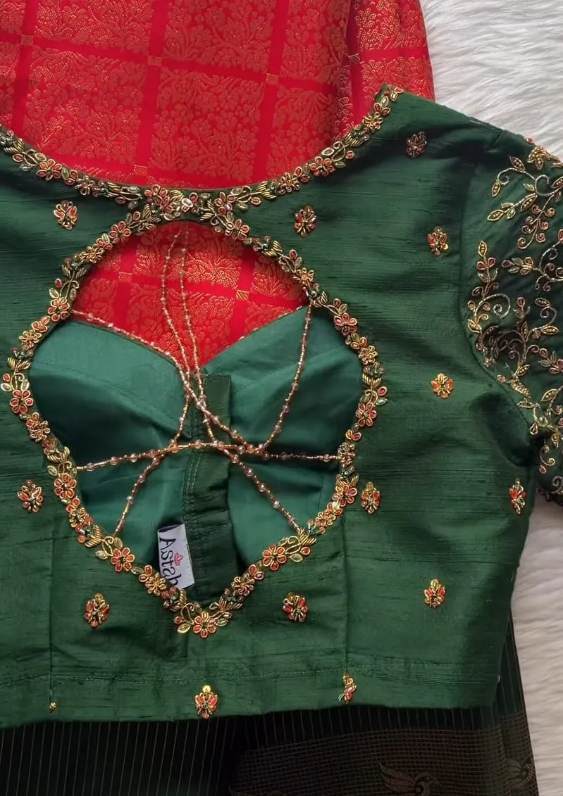 Dark Green Aari Work Blouse | Floral Vine Embroidery Sleeves with Bead Tassels | Keyhole Back Design | Pattu Saree Blouse for Wedding