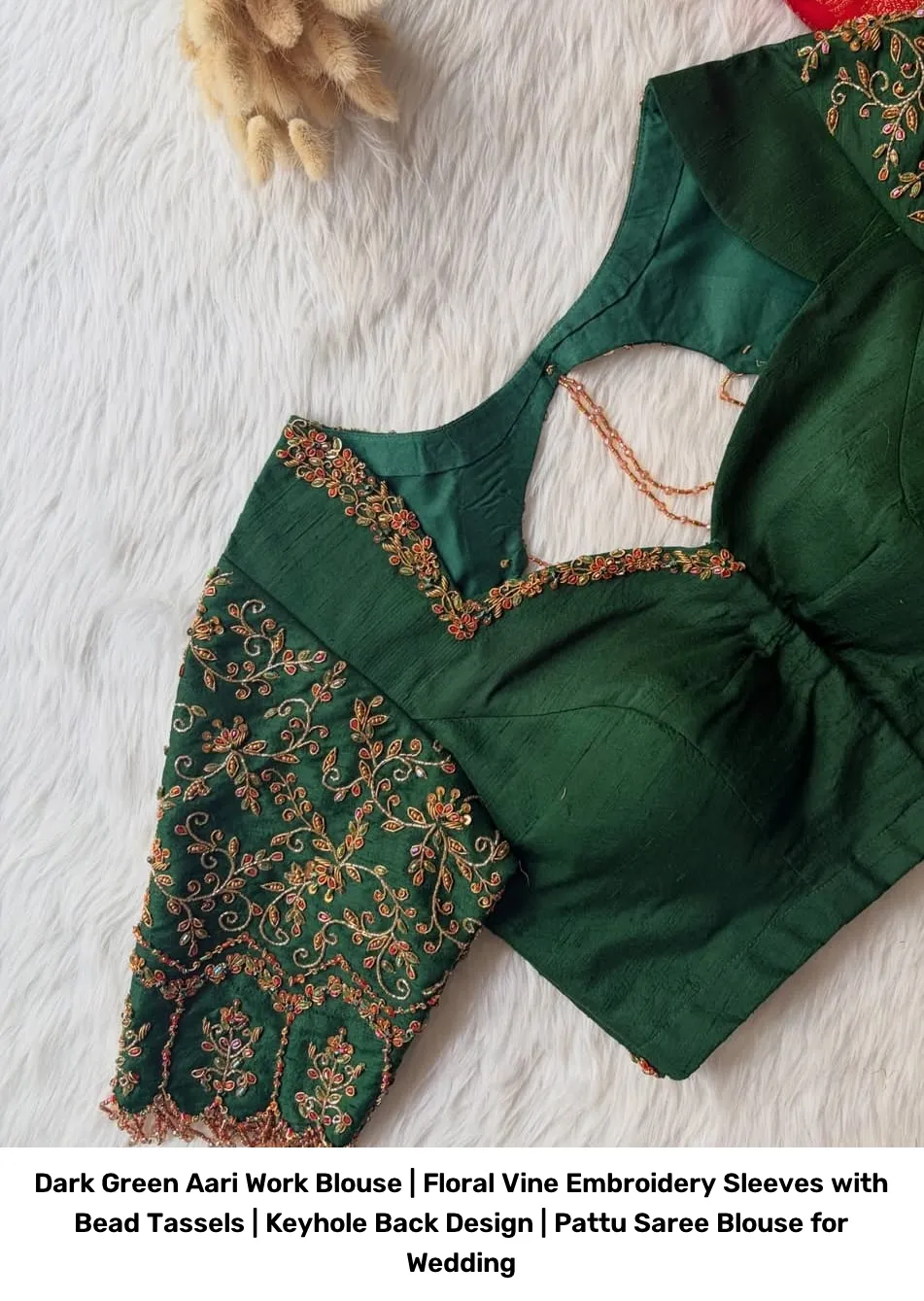 Dark Green Aari Work Blouse | Floral Vine Embroidery Sleeves with Bead Tassels | Keyhole Back Design | Pattu Saree Blouse for Wedding 2