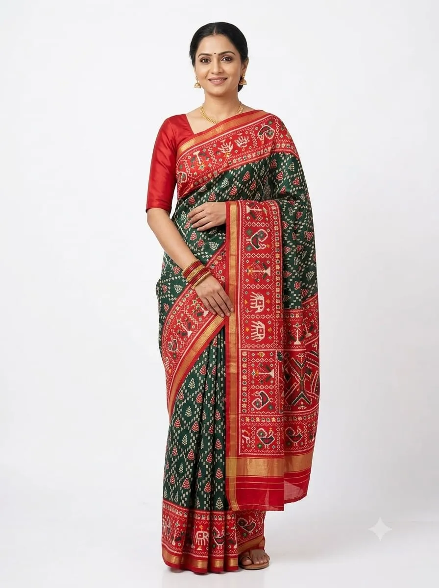 Dark Green Crushed Patola Silk Saree with Traditional Red Ikat & Elephant Motif Pallu