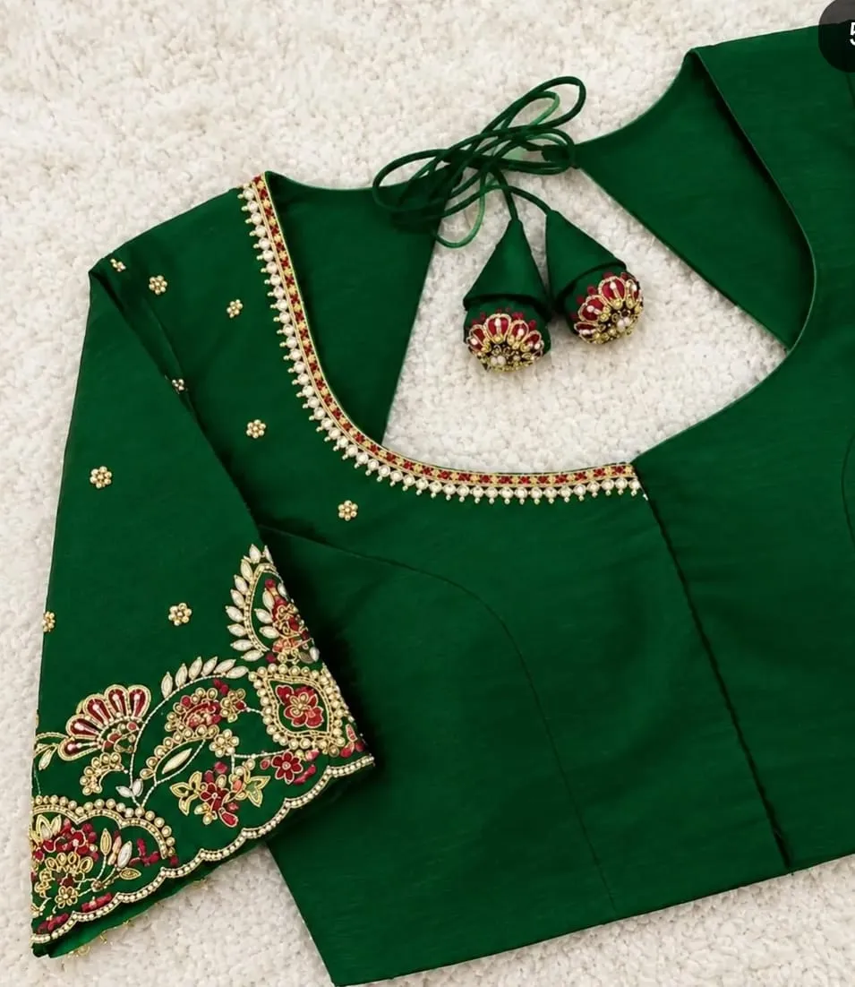 Dark Green Maggam Work Silk Readymade Blouse with Dori & Latkan