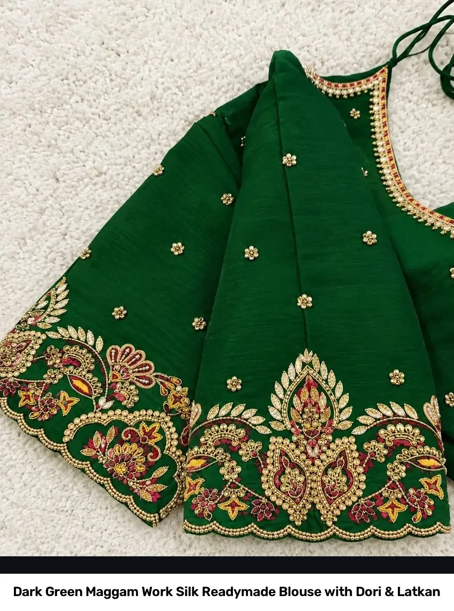 Dark Green Maggam Work Silk Readymade Blouse with Dori & Latkan 2