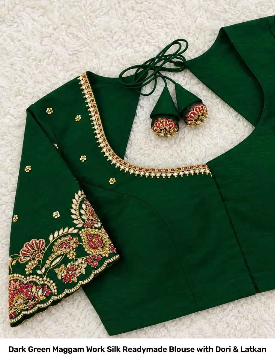 Dark Green Maggam Work Silk Readymade Blouse with Dori & Latkan 3