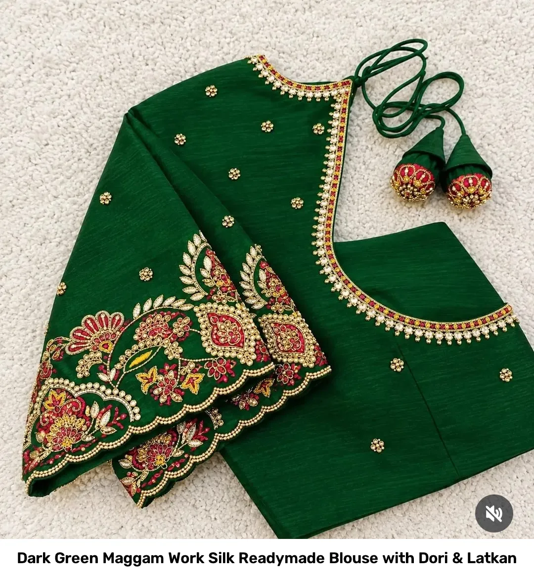 Dark Green Maggam Work Silk Readymade Blouse with Dori & Latkan 4