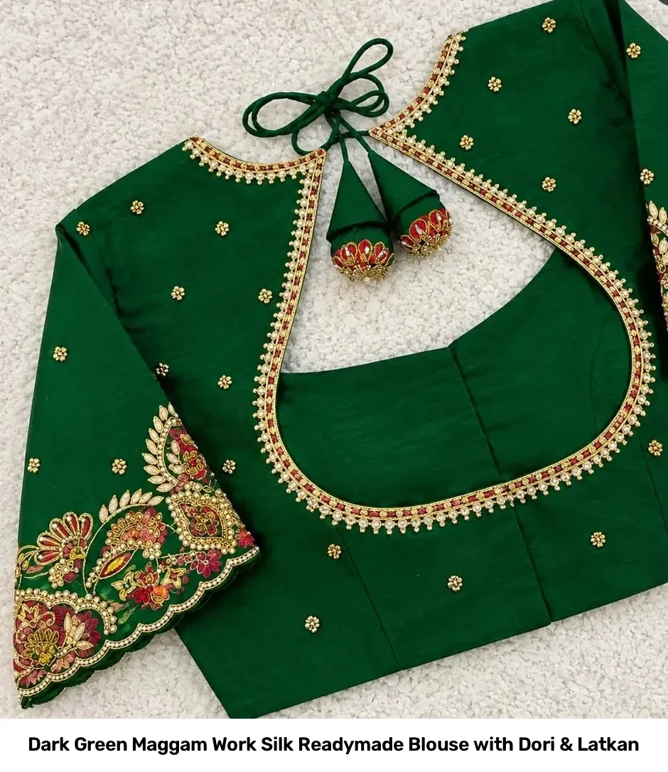 Dark Green Maggam Work Silk Readymade Blouse with Dori & Latkan 5