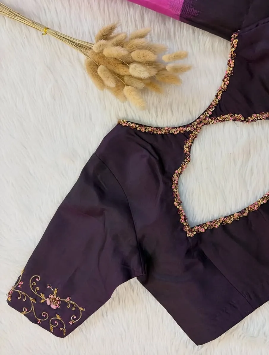 Dark Purple Raw Silk Blouse with Pink Zardozi Peacock Neck & Cutout Back | Wholesale Best Price