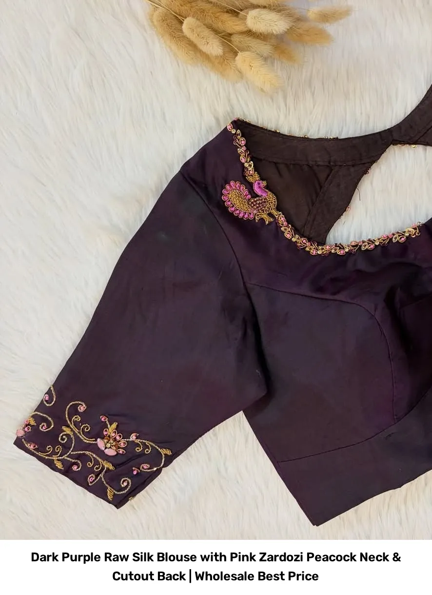 Dark Purple Raw Silk Blouse with Pink Zardozi Peacock Neck & Cutout Back | Wholesale Best Price 3