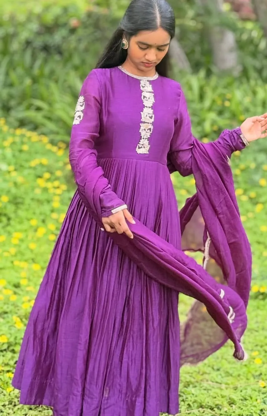 Deep Purple Embroidered Flared Anarkali Suit Set with Dupatta