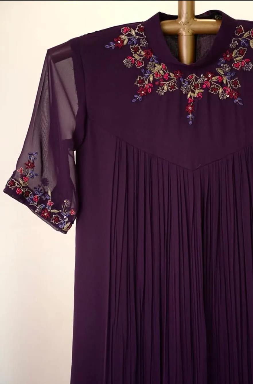 Deep Purple Pleated Georgette Anarkali Gown | Hand Embroidered Mandarin Collar Festive Indo-Western Maxi Dress