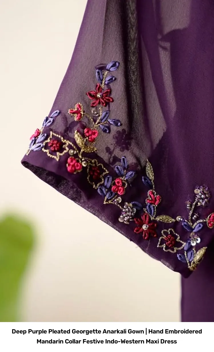 Deep Purple Pleated Georgette Anarkali Gown | Hand Embroidered Mandarin Collar Festive Indo-Western Maxi Dress 2