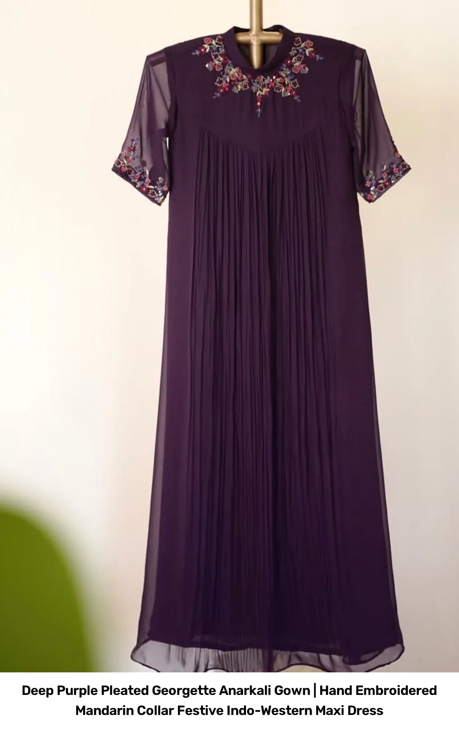 Deep Purple Pleated Georgette Anarkali Gown | Hand Embroidered Mandarin Collar Festive Indo-Western Maxi Dress 3
