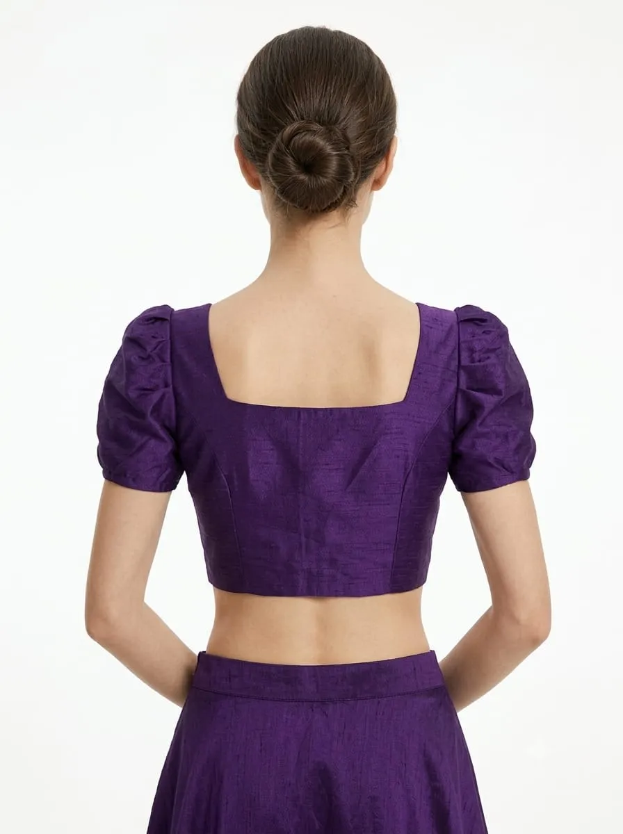 Deep Purple Raw Silk Readymade Blouse with Square Neck & Puff Sleeves