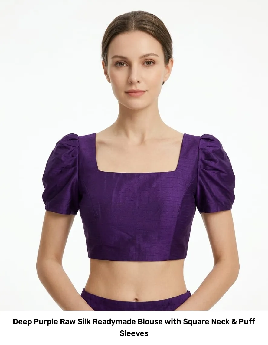 Deep Purple Raw Silk Readymade Blouse with Square Neck & Puff Sleeves 2