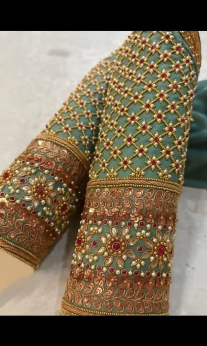 Deep V-Neck Maggam Work Blouse | Bridal Jaal Handwork Top