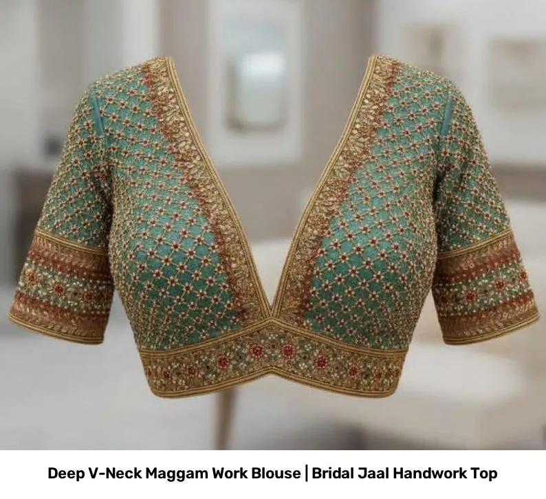 Deep V-Neck Maggam Work Blouse | Bridal Jaal Handwork Top 2