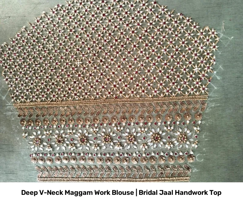 Deep V-Neck Maggam Work Blouse | Bridal Jaal Handwork Top 3