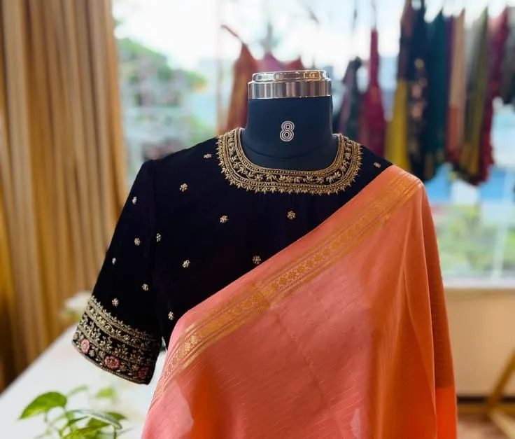 Deep Wine Velvet Maggam Work Blouse | Hand Embroidered Zardosi Boat Neck Saree Blouse