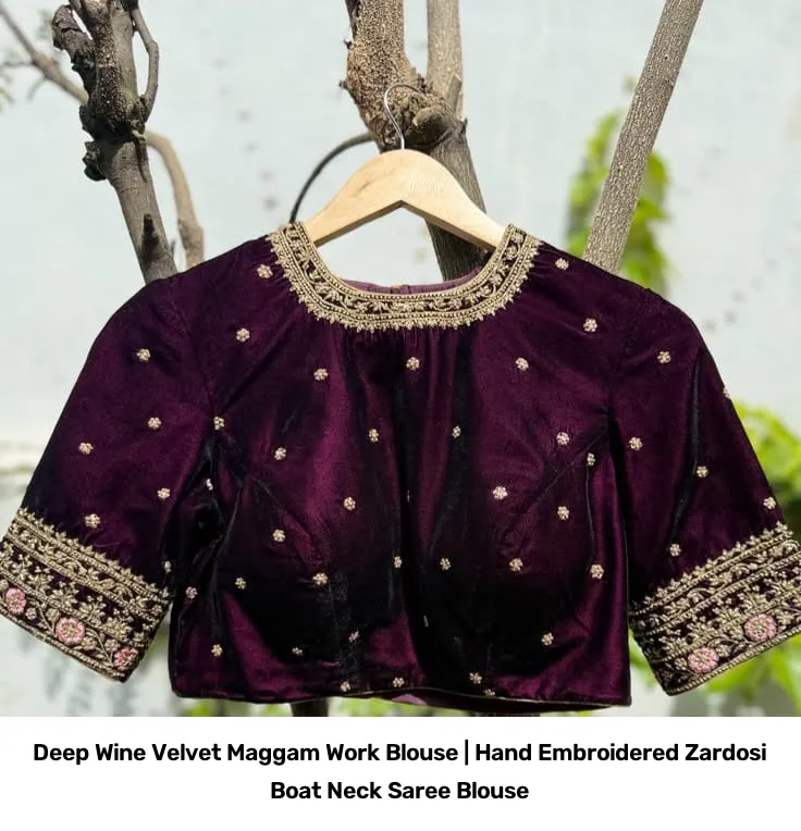 Deep Wine Velvet Maggam Work Blouse | Hand Embroidered Zardosi Boat Neck Saree Blouse 2