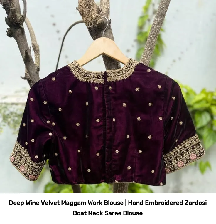Deep Wine Velvet Maggam Work Blouse | Hand Embroidered Zardosi Boat Neck Saree Blouse 3