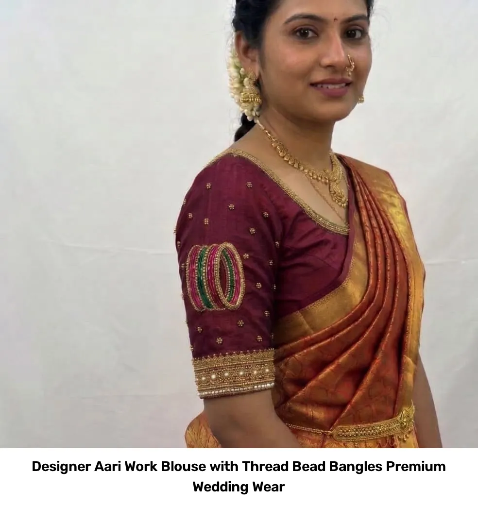 Designer Aari Work Blouse with Thread Bead Bangles Premium Wedding Wear 4
