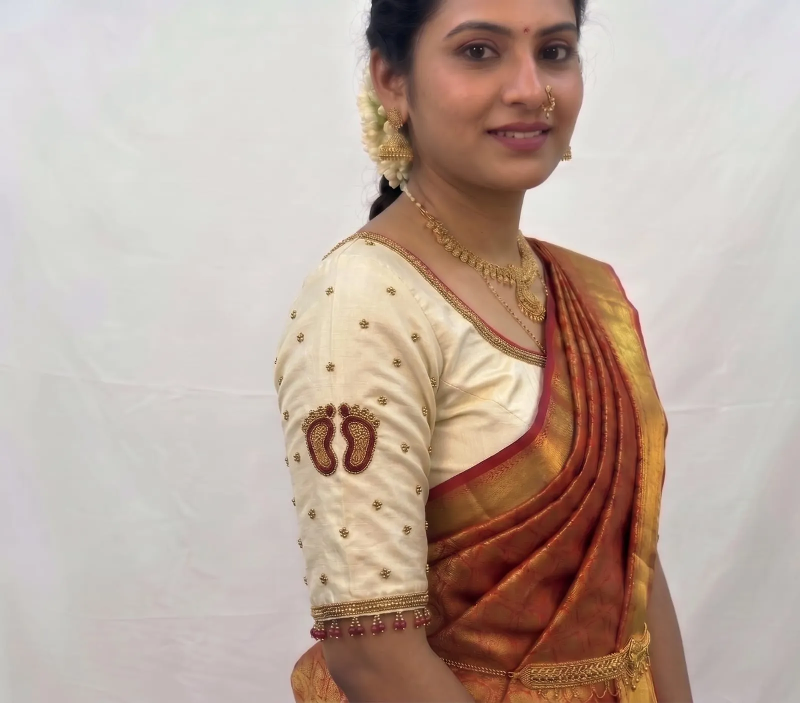 Designer Aari Work Unstitched Blouse with Paduka Motif - Wedding Wear