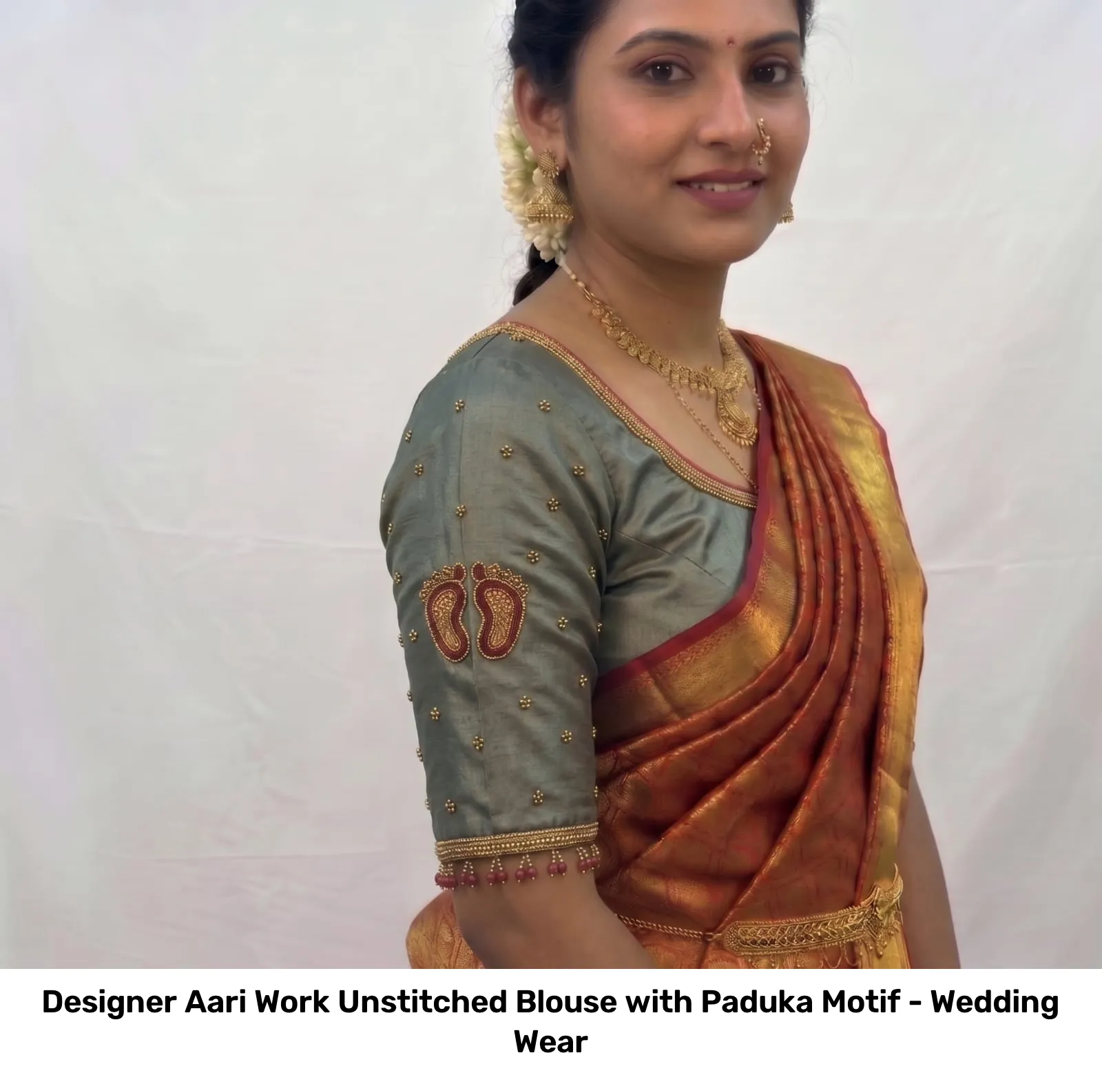 Designer Aari Work Unstitched Blouse with Paduka Motif - Wedding Wear 3