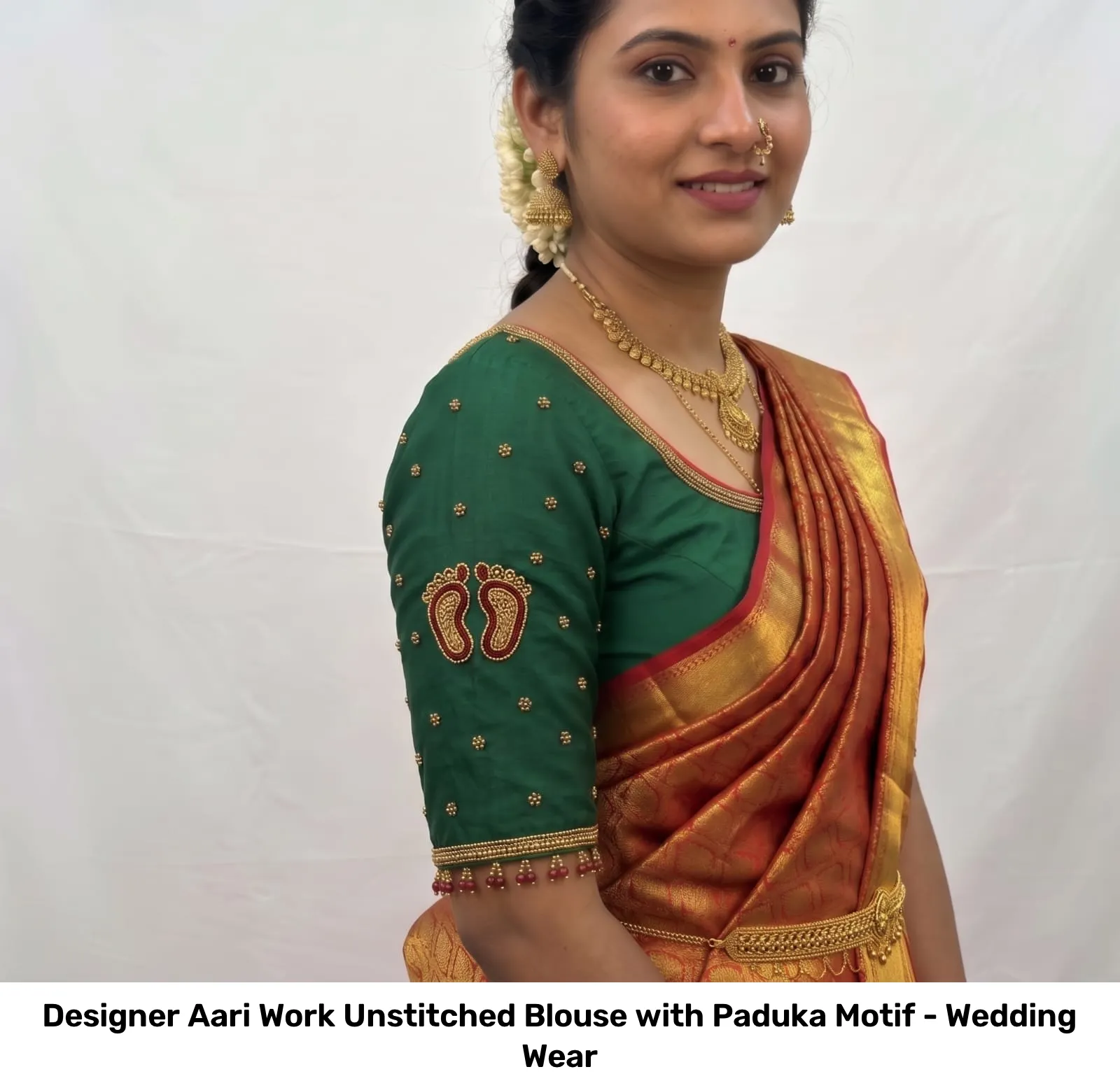 Designer Aari Work Unstitched Blouse with Paduka Motif - Wedding Wear 4