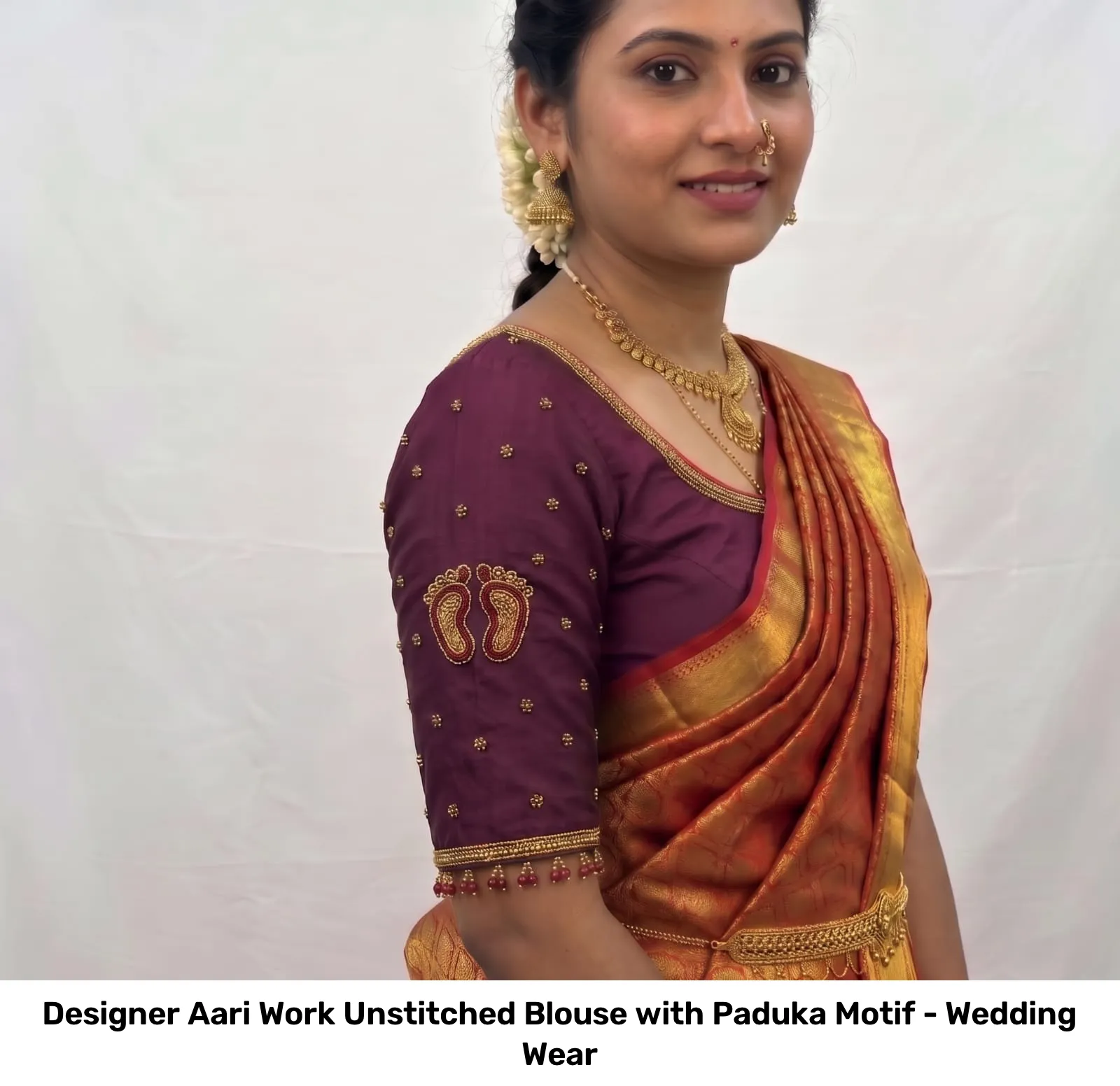 Designer Aari Work Unstitched Blouse with Paduka Motif - Wedding Wear 5