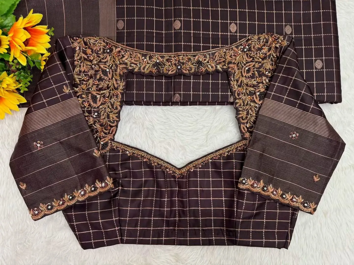 Designer Chocolate Brown Readymade Blouse Handwork Back Neck