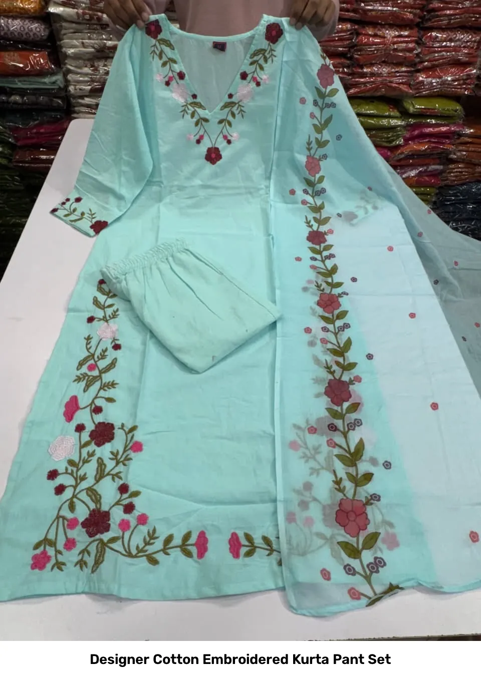 Designer Cotton Embroidered Kurta Pant Set 4
