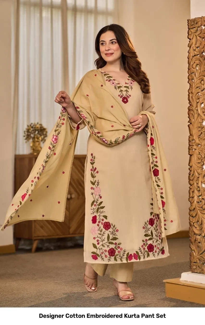 Designer Cotton Embroidered Kurta Pant Set 8