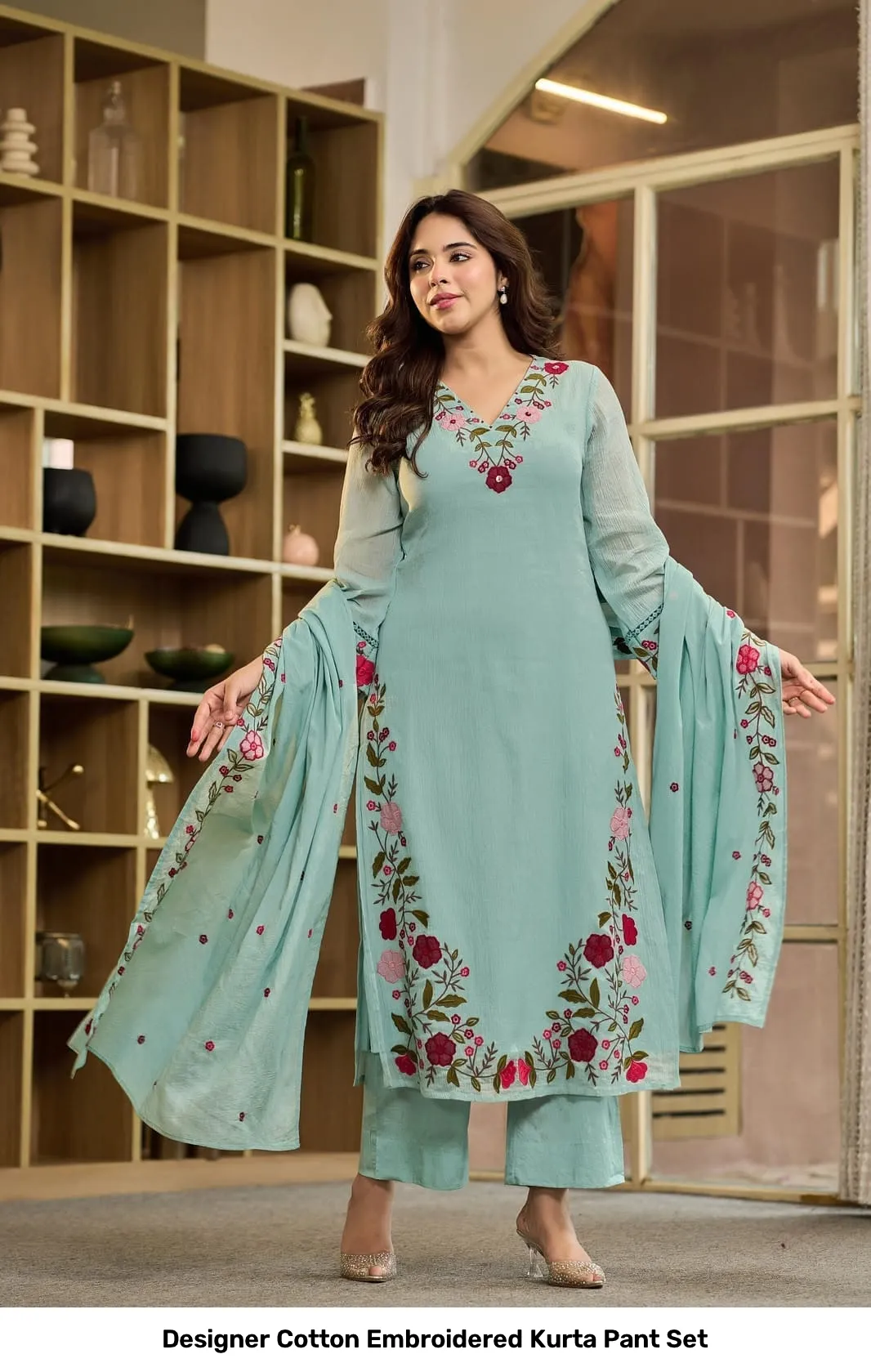 Designer Cotton Embroidered Kurta Pant Set 9