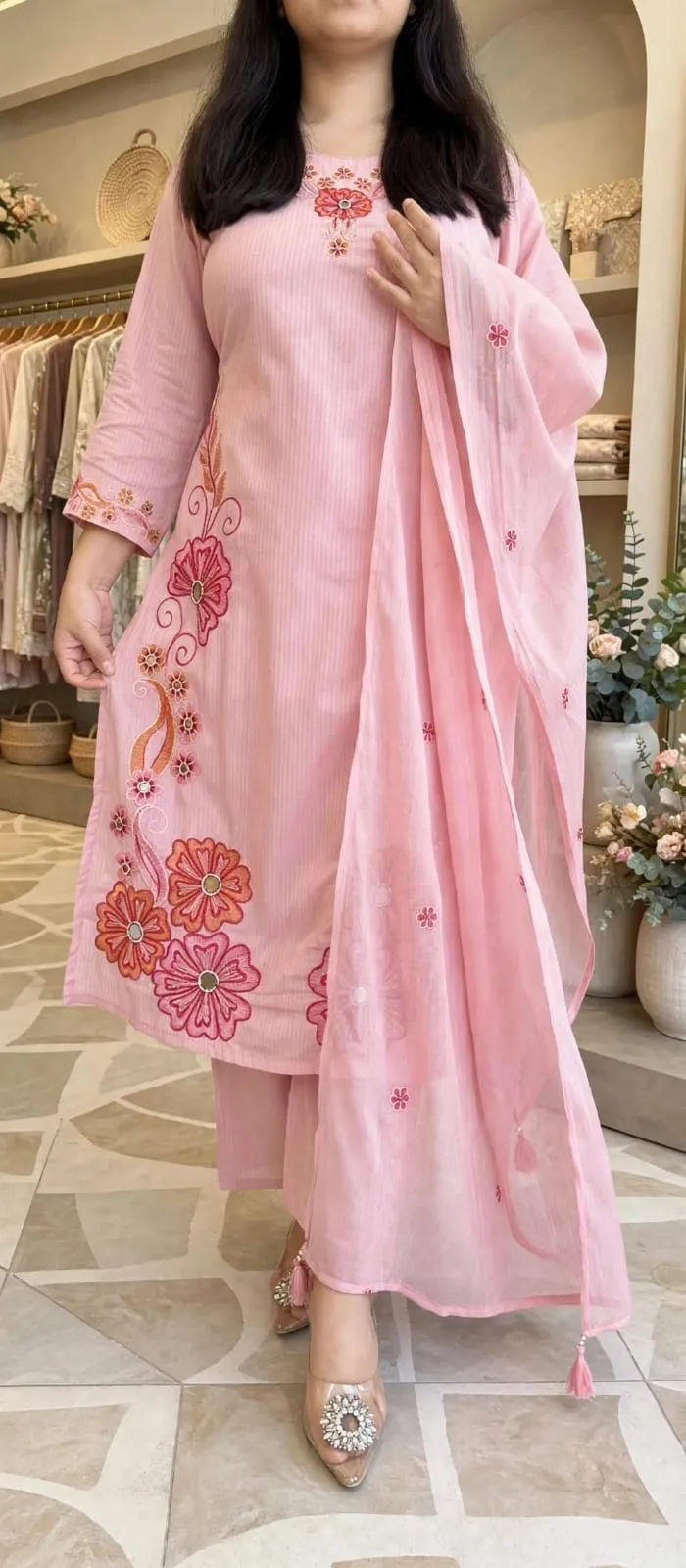 Designer Cotton Embroidered Kurta Pant Set with Dupatta