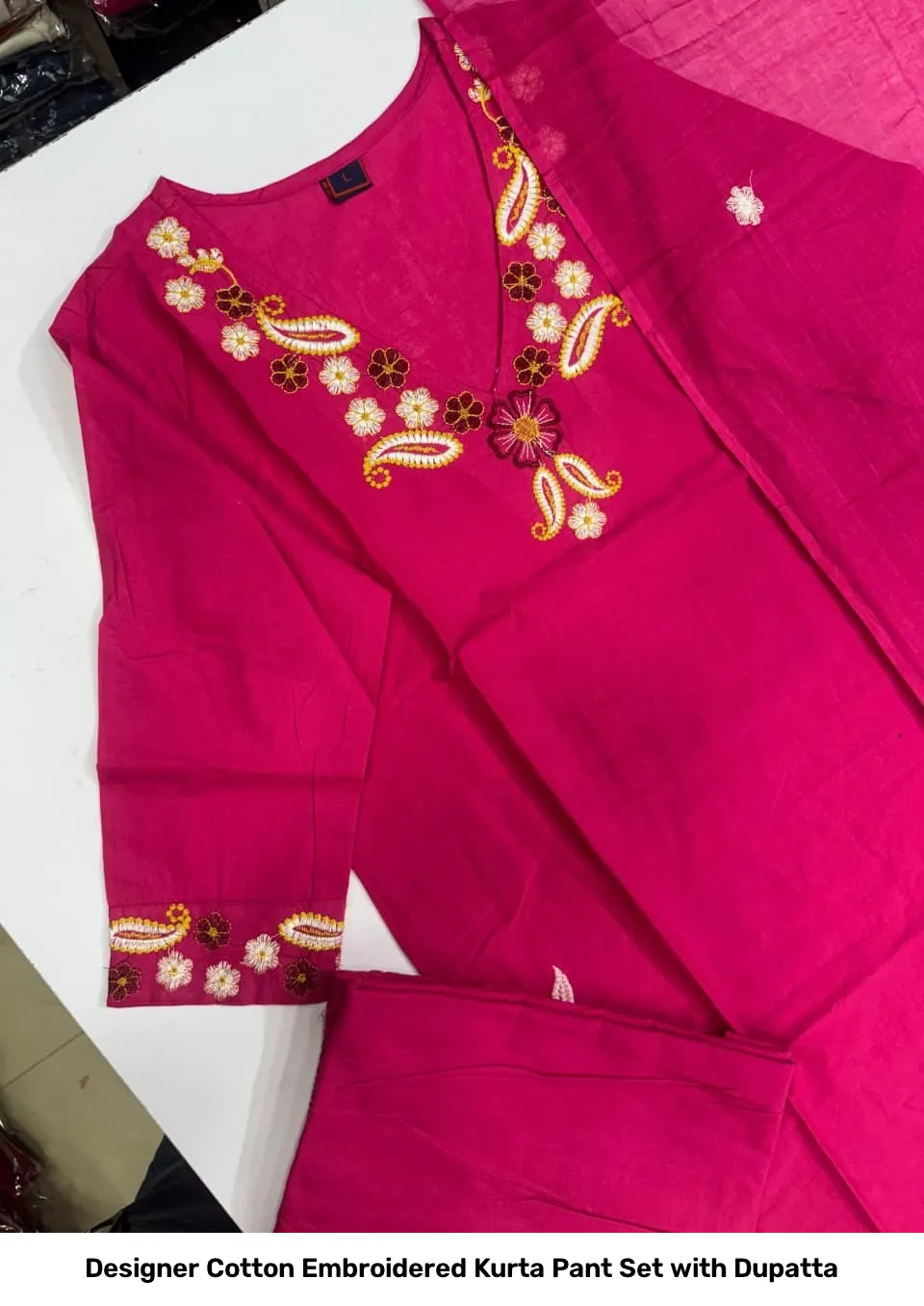 Designer Cotton Embroidered Kurta Pant Set with Dupatta 10