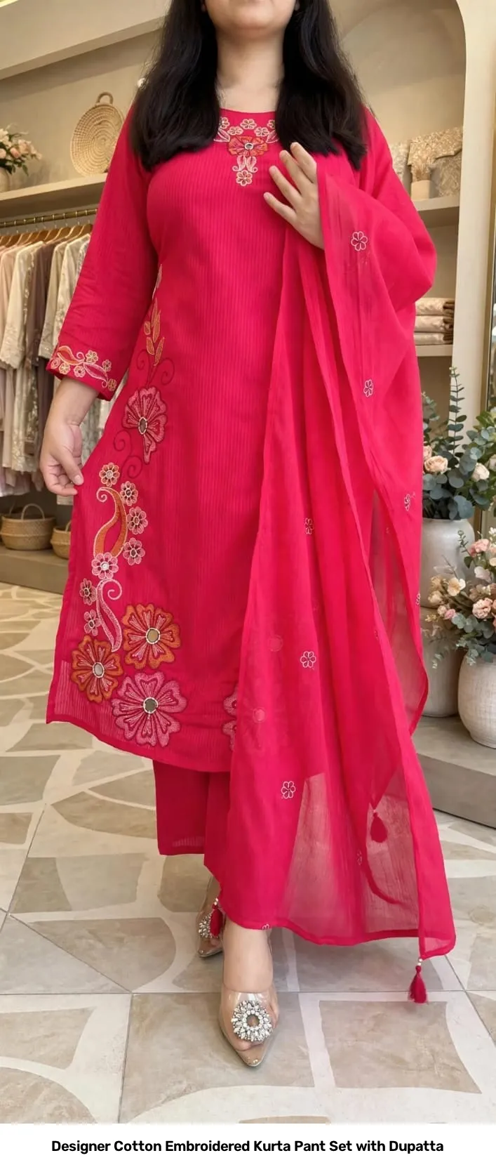Designer Cotton Embroidered Kurta Pant Set with Dupatta 12